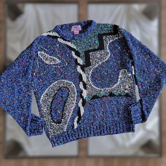 Vtg 80s multicolour graphic crewneck pullover oversized sweater - Picture 3 of 10